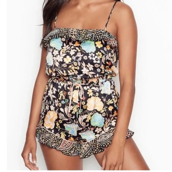 VICTORIA'S SECRET Floral Satin Flounce Romper Size SMALL - Picture 1 of 10
